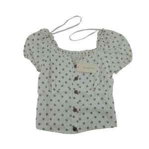 Monteau Polka Dot Blouse Button Front Puff Sleeve Top‎ Smocked Size S